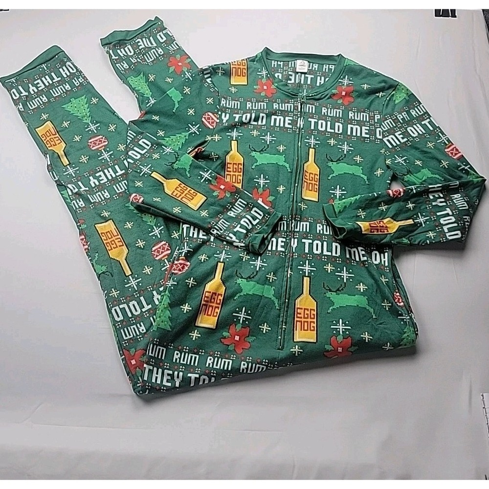 Dec.25th Ugly Christmas Pajama Green Egg Nog-Trees-Deer Full Zip-Pockets EUC